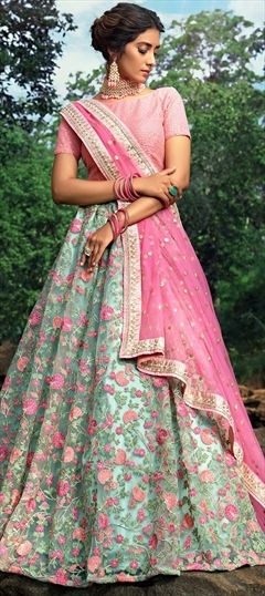 Engagement, Festive, Mehendi Sangeet Green color Lehenga in Net fabric with A Line Sequence, Thread, Zari work : 1661141