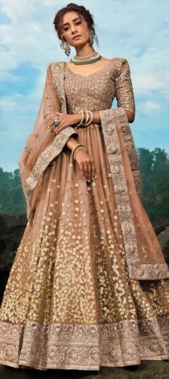 Festive, Wedding Beige and Brown color Lehenga in Net fabric with A Line Sequence, Thread work : 1661143