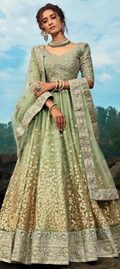 Festive, Wedding Green color Lehenga in Net fabric with A Line Sequence, Thread work : 1661144