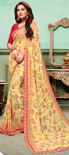 Casual, Party Wear Yellow color Saree in Georgette fabric with Classic Floral, Printed work : 1661236