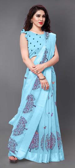 Traditional Blue color Saree in Cotton fabric with Bengali Printed work : 1661320