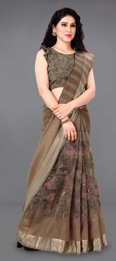 Traditional Beige and Brown color Saree in Cotton fabric with Bengali Printed work : 1661329