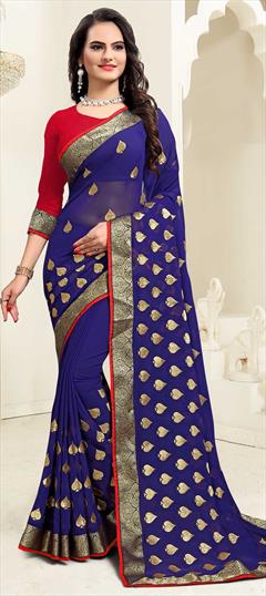 Festive, Reception Blue color Saree in Georgette fabric with Classic Embroidered, Thread, Zari work : 1661602