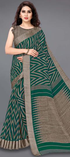 Casual Beige and Brown, Green color Saree in Cotton fabric with Bengali Printed work : 1662347