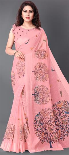 Casual Pink and Majenta color Saree in Cotton fabric with Bengali Printed work : 1662352
