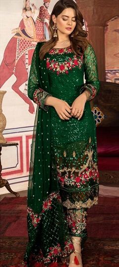 Festive, Reception Green color Salwar Kameez in Georgette fabric with Pakistani Embroidered, Sequence, Thread work : 1662498