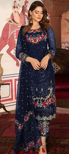 Festive, Reception Blue color Salwar Kameez in Georgette fabric with Pakistani Embroidered, Sequence, Thread work : 1662499