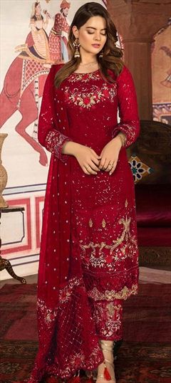 Festive, Reception Red and Maroon color Salwar Kameez in Georgette fabric with Pakistani Embroidered, Sequence, Thread work : 1662501