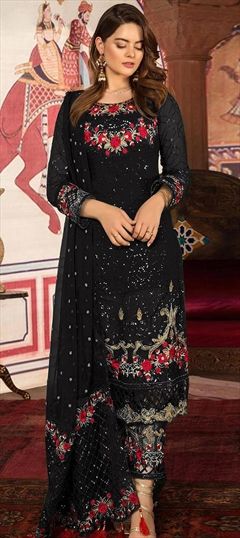 Festive, Reception Black and Grey color Salwar Kameez in Georgette fabric with Pakistani Embroidered, Sequence, Thread work : 1662503