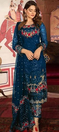 Festive, Reception Blue color Salwar Kameez in Georgette fabric with Pakistani Embroidered, Sequence, Thread work : 1662509