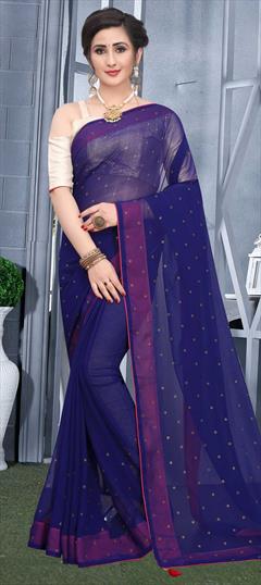 Casual, Party Wear Blue color Saree in Georgette fabric with Classic Stone, Swarovski work : 1662641
