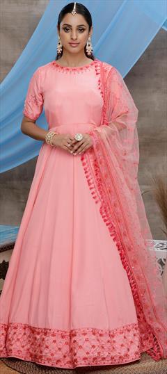 Festive, Reception Pink and Majenta color Salwar Kameez in Art Silk fabric with Anarkali Embroidered, Sequence, Thread work : 1663281