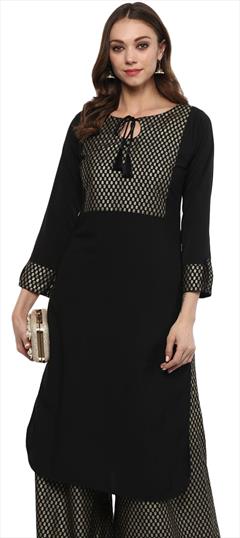 Casual Black and Grey color Kurti in Crepe Silk fabric with Long Sleeve, Straight Printed work : 1663981