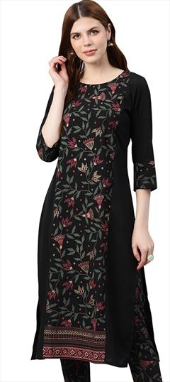 Casual Black and Grey color Kurti in Crepe Silk fabric with Long Sleeve, Straight Printed work : 1664055