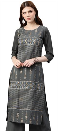 Casual Black and Grey color Kurti in Crepe Silk fabric with Long Sleeve, Straight Printed work : 1664058