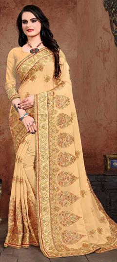 Festive, Mehendi Sangeet Beige and Brown color Saree in Georgette fabric with Classic Embroidered, Resham, Stone, Thread, Zari work : 1664150