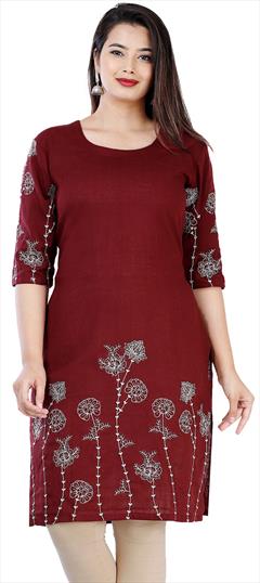 Casual Red and Maroon color Kurti in Cotton fabric with Long Sleeve, Straight Embroidered, Thread work : 1664237