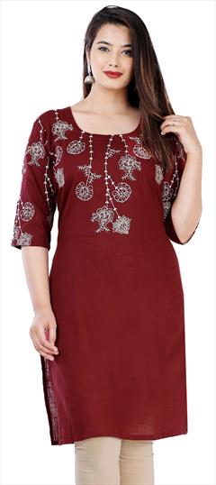 Casual Red and Maroon color Kurti in Cotton fabric with Long Sleeve, Straight Embroidered, Thread work : 1664239