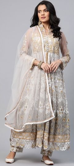 Festive, Party Wear, Reception Silver color Salwar Kameez in Net fabric with Slits Embroidered, Resham, Thread work : 1664370