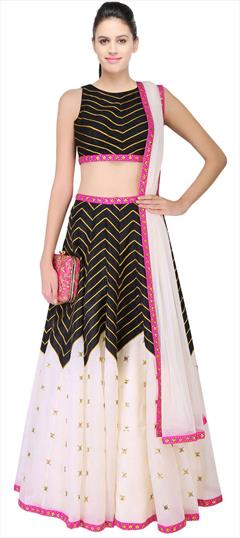 Festive, Party Wear Black and Grey, White and Off White color Lehenga in Art Dupion Silk fabric with A Line Sequence, Thread work : 1665440