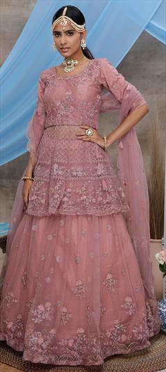 Festive, Mehendi Sangeet Pink and Majenta color Long Lehenga Choli in Net fabric with Embroidered, Resham, Sequence, Thread work : 1665553