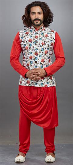 Red and Maroon color Kurta Pyjama with Jacket in Lycra fabric with Floral, Printed work : 1665934