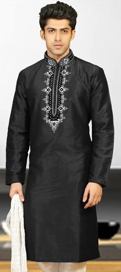 Black and Grey color Kurta in Dupion Silk fabric with Embroidered work : 1666000