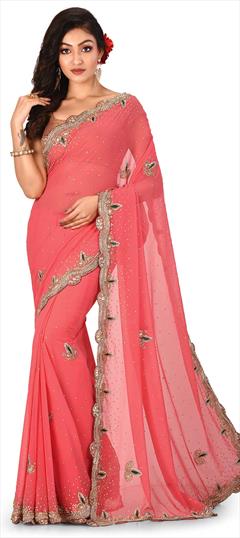 Engagement, Festive, Wedding Pink and Majenta color Saree in Georgette fabric with Classic Cut Dana, Stone work : 1666081