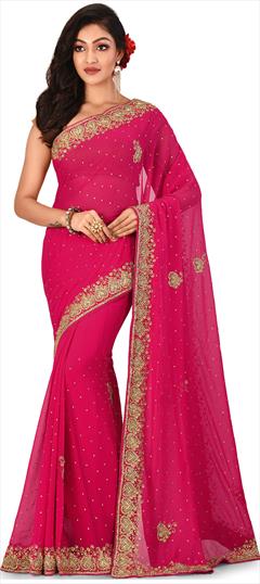 Engagement, Festive, Wedding Pink and Majenta color Saree in Georgette fabric with Classic Cut Dana, Stone work : 1666090
