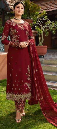 Bollywood Red and Maroon color Salwar Kameez in Faux Georgette fabric with Pakistani, Straight Embroidered, Stone, Thread, Zari work : 1666484