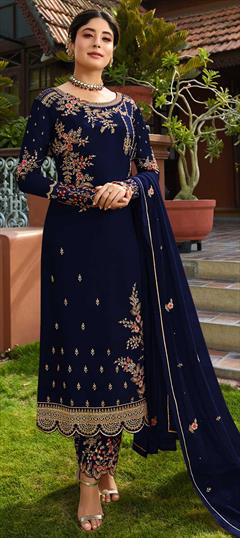 Bollywood Blue color Salwar Kameez in Faux Georgette fabric with Pakistani, Straight Embroidered, Stone, Thread, Zari work : 1666486