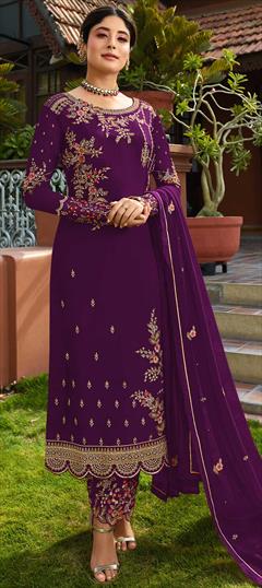 Bollywood Purple and Violet color Salwar Kameez in Faux Georgette fabric with Pakistani, Straight Embroidered, Stone, Thread, Zari work : 1666489