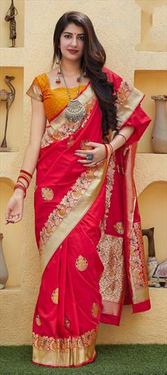 Traditional Red and Maroon color Saree in Banarasi Silk, Silk fabric with South Weaving work : 1667074