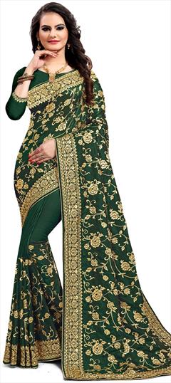Traditional Green color Saree in Satin Silk, Silk fabric with South Embroidered, Stone, Thread, Zari work : 1667347
