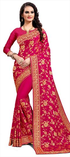 Traditional Pink and Majenta color Saree in Satin Silk, Silk fabric with South Embroidered, Stone, Thread, Zari work : 1667371
