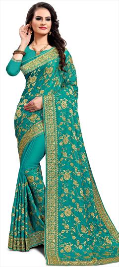 Traditional Green color Saree in Satin Silk, Silk fabric with South Embroidered, Stone, Thread, Zari work : 1667372