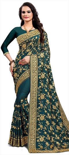 Traditional Green color Saree in Satin Silk, Silk fabric with South Embroidered, Stone, Thread, Zari work : 1667374