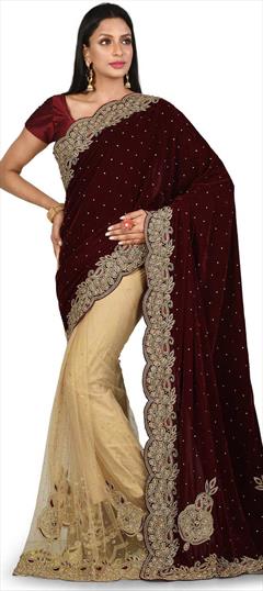 Festive, Wedding Beige and Brown, Red and Maroon color Saree in Net, Velvet fabric with Classic, Half and Half Cut Dana, Zircon work : 1667579