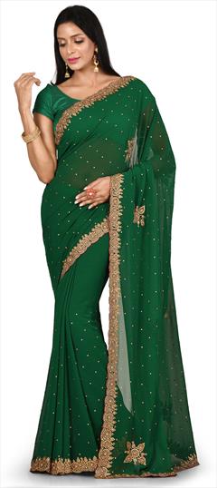Festive, Wedding Green color Saree in Georgette fabric with Classic Cut Dana, Zircon work : 1667585