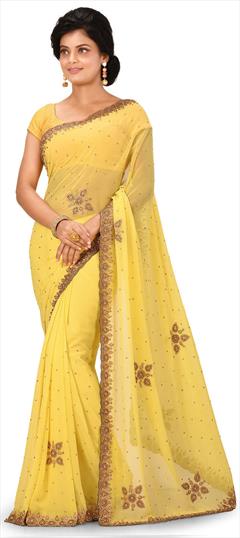 Festive, Wedding Yellow color Saree in Georgette fabric with Classic Cut Dana, Zircon work : 1667587