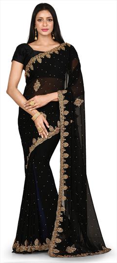 Festive, Wedding Black and Grey color Saree in Georgette fabric with Classic Cut Dana, Zircon work : 1667589