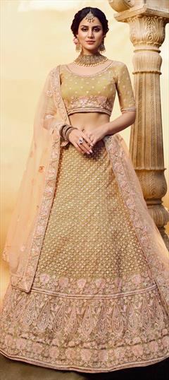 Bridal, Wedding Gold color Lehenga in Net fabric with A Line Aari, Gota Patti, Moti work : 1668005