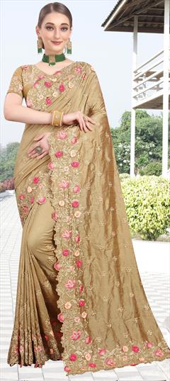 Traditional Gold color Saree in Silk, Two Ton Silk fabric with South Appliques, Embroidered, Resham, Thread, Zari work : 1668120