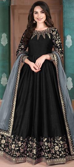 Casual, Party Wear Black and Grey color Salwar Kameez in Art Silk, Silk fabric with Anarkali Embroidered, Thread, Zari work : 1668366