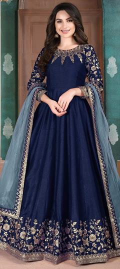 Casual, Party Wear Blue color Salwar Kameez in Art Silk, Silk fabric with Anarkali Embroidered, Thread, Zari work : 1668370