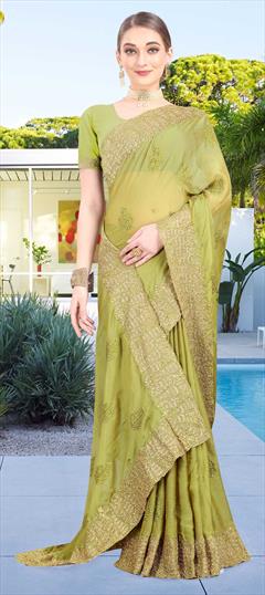 Party Wear Green color Saree in Chiffon fabric with Classic Embroidered, Resham, Stone, Thread, Zari work : 1668672