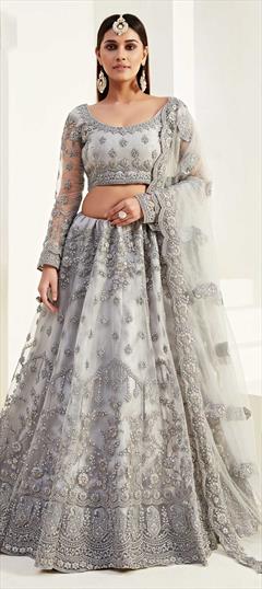 Festive, Wedding Black and Grey color Lehenga in Net fabric with A Line Embroidered, Thread work : 1668843