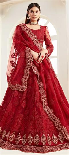 Festive, Wedding Red and Maroon color Lehenga in Net fabric with A Line Embroidered, Thread, Zari work : 1668849