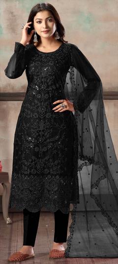 Festive, Party Wear Black and Grey color Salwar Kameez in Net fabric with Straight Embroidered, Sequence, Thread work : 1669106