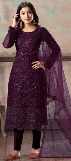 Festive, Party Wear Purple and Violet color Salwar Kameez in Net fabric with Straight Embroidered, Sequence, Thread work : 1669108